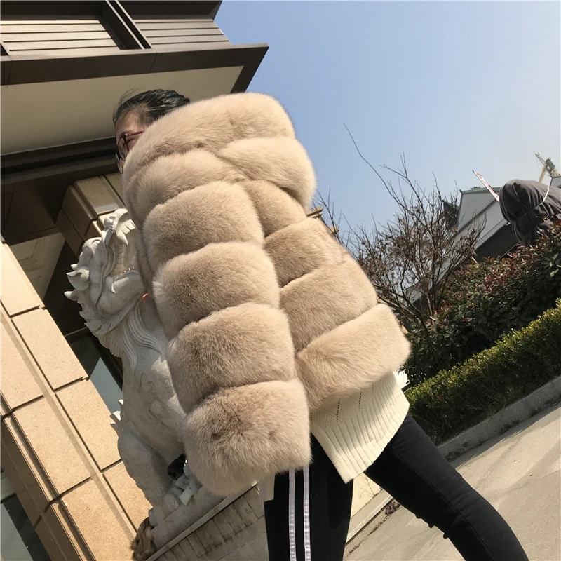 Пальто с капюшоном из натурального Лисьего меха женская зимняя куртка пальто