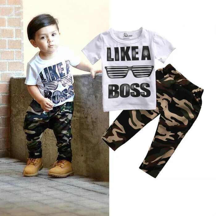 2pcs Kids Baby Boy Camouflage Outfits Clothes Sets LIKE A BOSS Print Short Sleeve T-shirt Tops+Camouflage Pants Cotton | Детская одежда