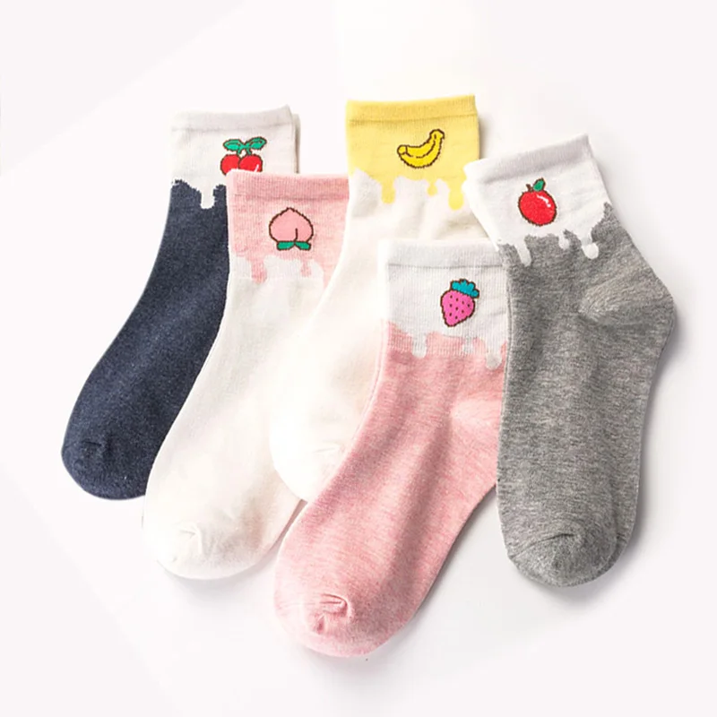 Fruit Socks 5 пара/лот, модные фруктовые Клубничные яблоки, персики, банан, вишня, счастливые короткие носки, женские носки Kawaii, забавные носки из хлопка - Цвет: Fruit Socks