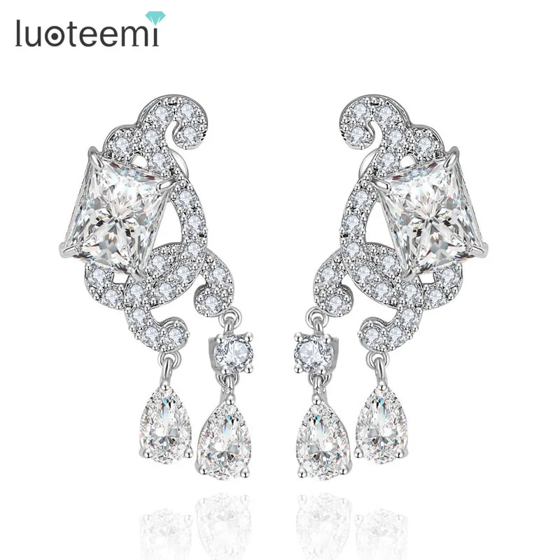 

LUOTEEMI Jewelry Factory Wholesale Luxury Women Elegant Zirconia Long Bridal Earrings with Stones White Gold-Color Jewelry Gift