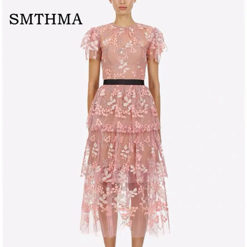 Photo Color Женское сетчатое платье SMTHMA, женское розовое кружевное платье-миди с коротким рукавом, лето - Цвет: Photo Color