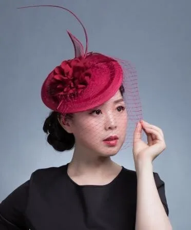 Женская шикарная шляпа-чародей, Коктейльная Свадебная вечеринка, церковный головной убор, Кентукки, головной убор, перья, аксессуары для волос, Sinamay, вуалетки - Цвет: dark red