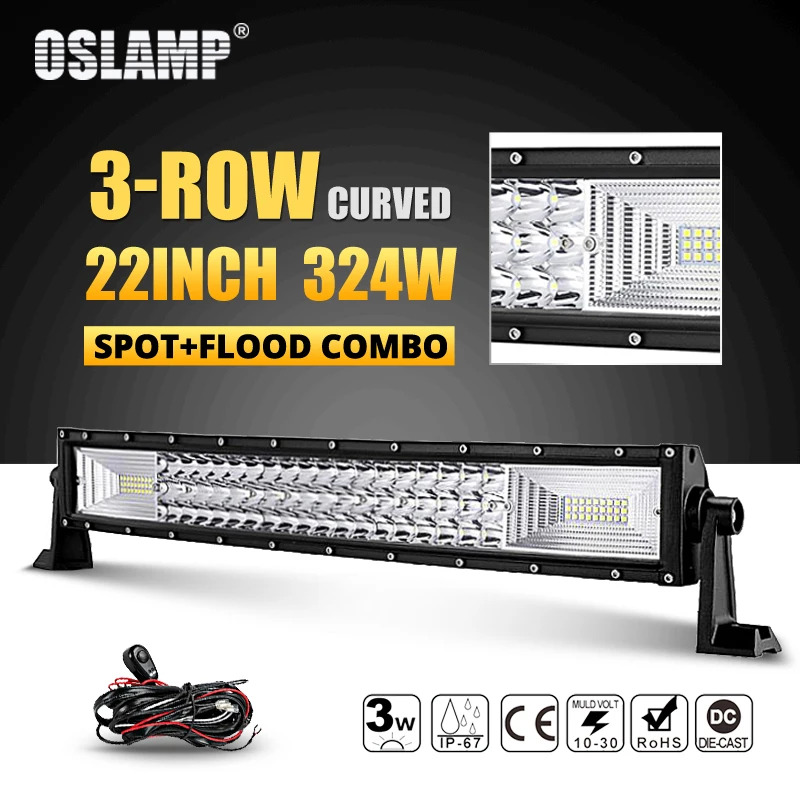 Oslamp 324 Вт 22 дюйма 3-рядный изогнутый СВЕТОДИОДНЫЙ светильник для внедорожников