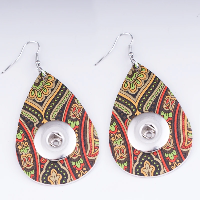 FH6222 classical Bohemia flower water drop PU Leather 18mm Snap Button Jewelry earrings European and American style | Украшения и