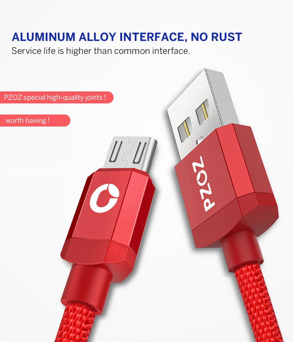 Pzoz Быстрая зарядка Micro USB Кабель нейлоновый шнур MicroUSB 2A Android Micro-USB 1 м 2 м 2 м 3 М Micro USB кабель зарядного устройства красный для Samsung