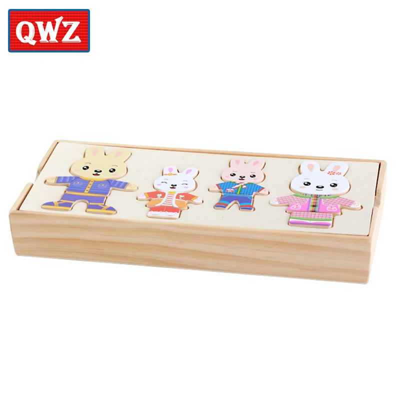 QWZ маленький медвежонок, одежда для детей, раннее образование, деревянный пазл, Туалетная игра, детские головоломки, игрушки для детей, подарок