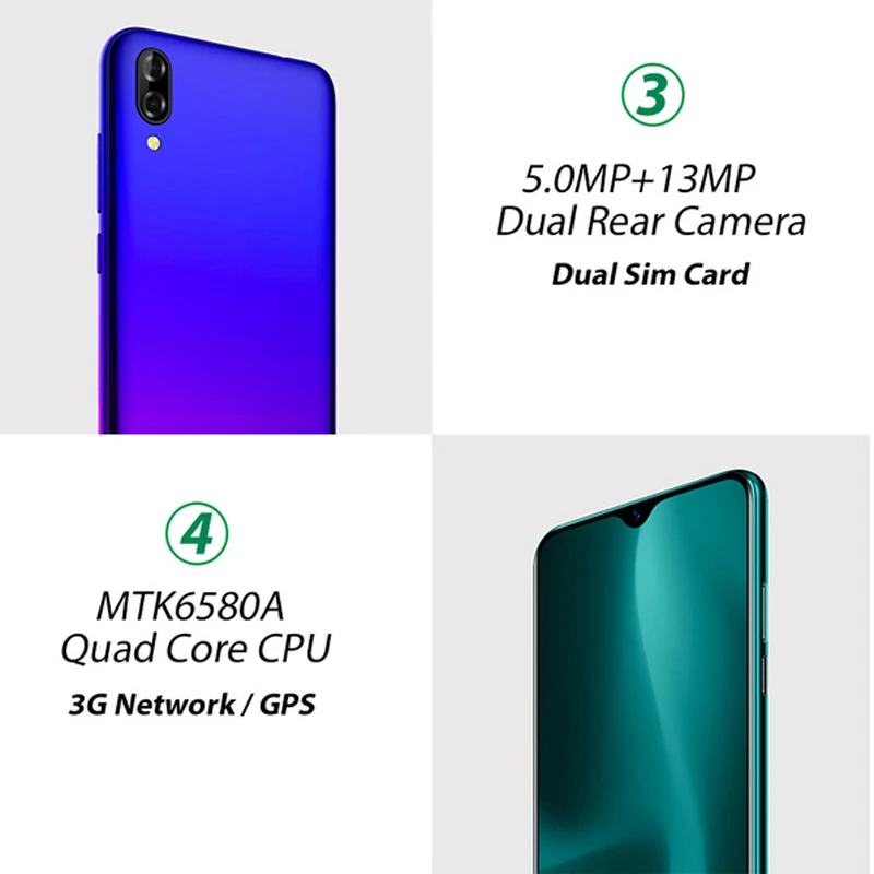 Смартфон Blackview A60 4080 мАч Android 8 1 ГБ ОЗУ 16 Гб ПЗУ четыре ядра 19:9 6 дюйма две sim карты 13