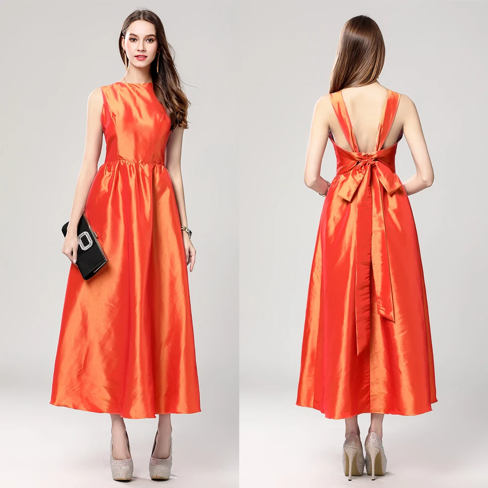 

B0062 New Taffeta Long Bowtie Halter Backless Prom Ball Gown Formal Cocktail Women A-Line Dresses Sleeveless