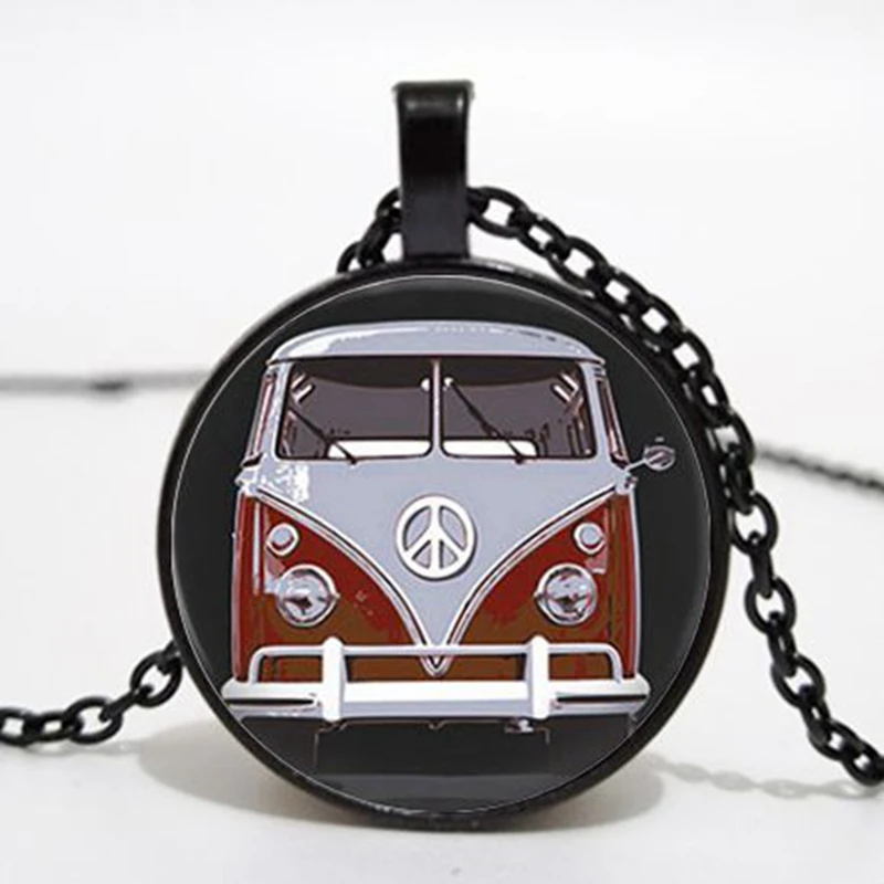 Fashion Retro Hippie Peace Sign Fan Bus Camper Necklace Charm Men and Women Decorative Glass Pendant Gift Toy Souvenir |