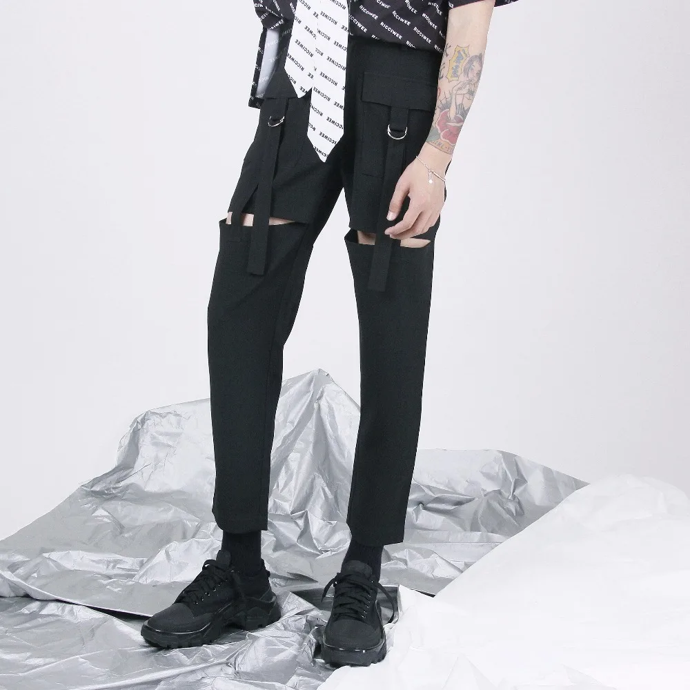 Новые мужские модные оригинальные брюки с карманами и разрезом средняя талия