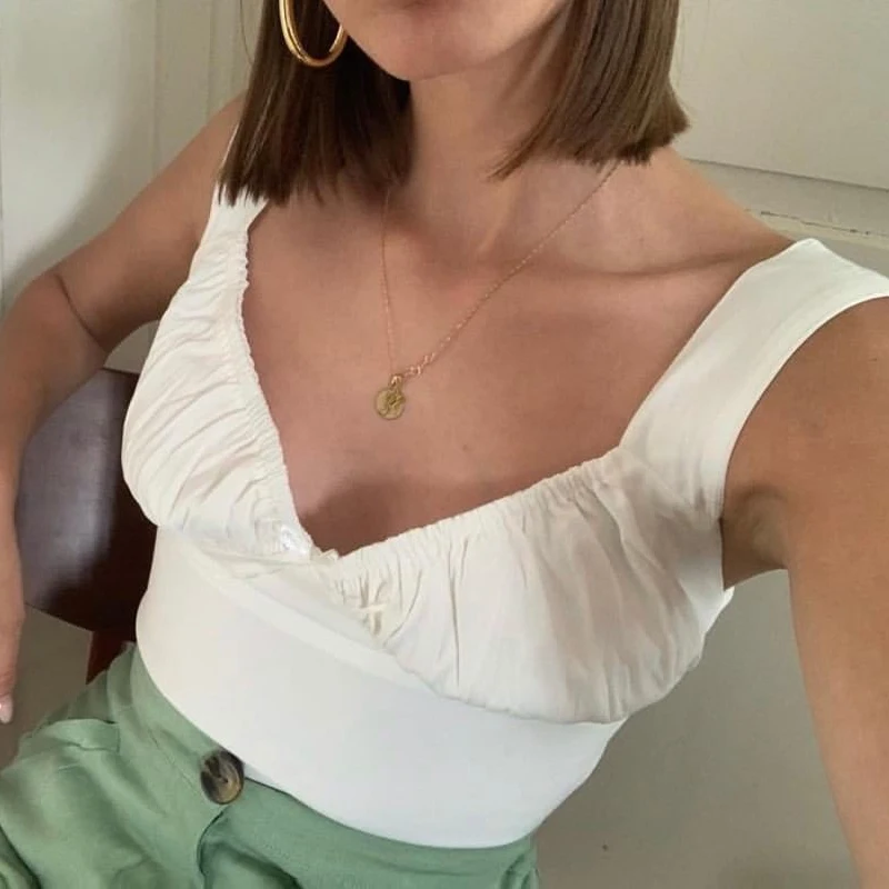 Женский укороченный топ без рукавов белый бюстье с рюшами и бантом лето 2019|Майки|