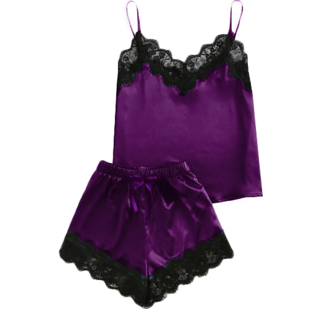 

Nightgown Sexy Lace Satin Pizama Damska Bawelna Women Sleepwear Sleeveless Strap Nightwear Trim Cami Top Pajama Sets Pajama Set