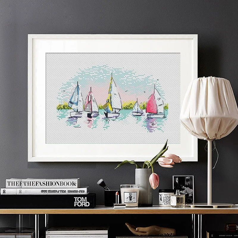 

Small sailboat cross stitch kit DMC brand thread animal dog count canvas fabric embroidery handmade needlework