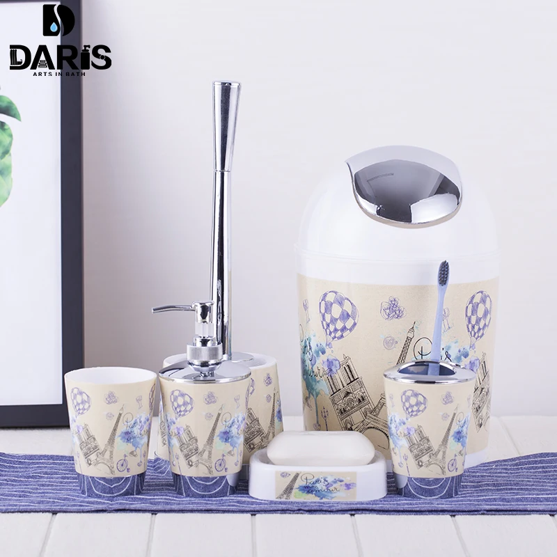 SDARISB 6PCS Eiffel Bathroom Accessory Bin Soap Dish Dispenser Bottle Toothbrush Holder Set Home Bathroom Products Wash Bath Set