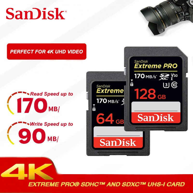 Двойной Флеш-накопитель SanDisk Extreme PRO sd карты 128 ГБ 256 SDXH до 170 МБ/с. скорость чтения sd card 64 ГБ 32 ГБ оперативной памяти, 16 Гб встроенной памяти, до 95 МБ/с. скорость чтения карты памяти
