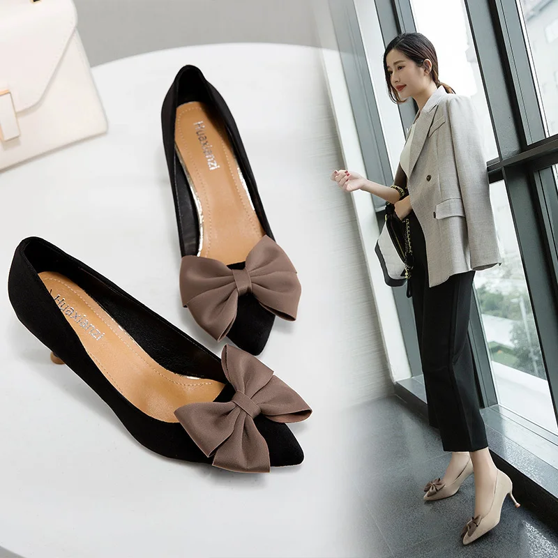 Весенняя женская обувь Модельные туфли на высоком каблуке Женская с бантом Туфли