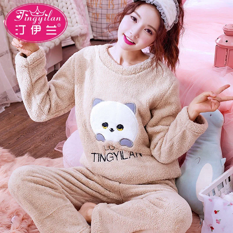 winter pajamas Осень-зима, женские пижамные комплекты, толстый теплый коралловый бархатный Пижамный костюм, фланелевая длинная Пижама, Mujer, мультяшная Пижама с надписями и животными - Цвет: winter pajamas