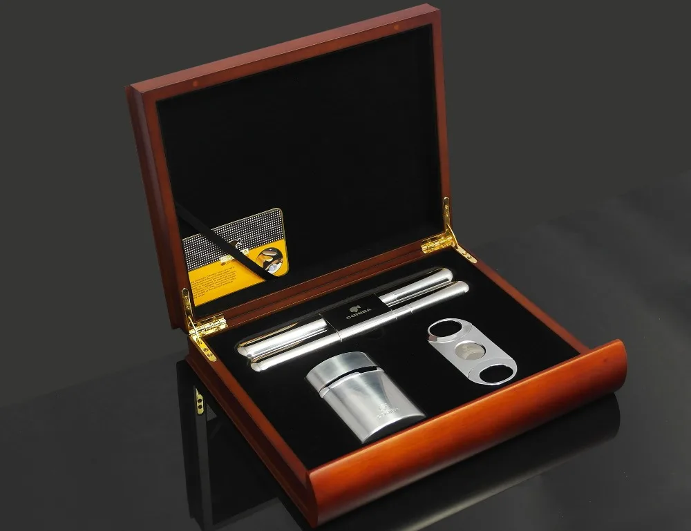 COHIBA Красный Сандал Вуд Сигары Хьюмидор Резак Зажигалка Набор Труб Вт/Подарочная