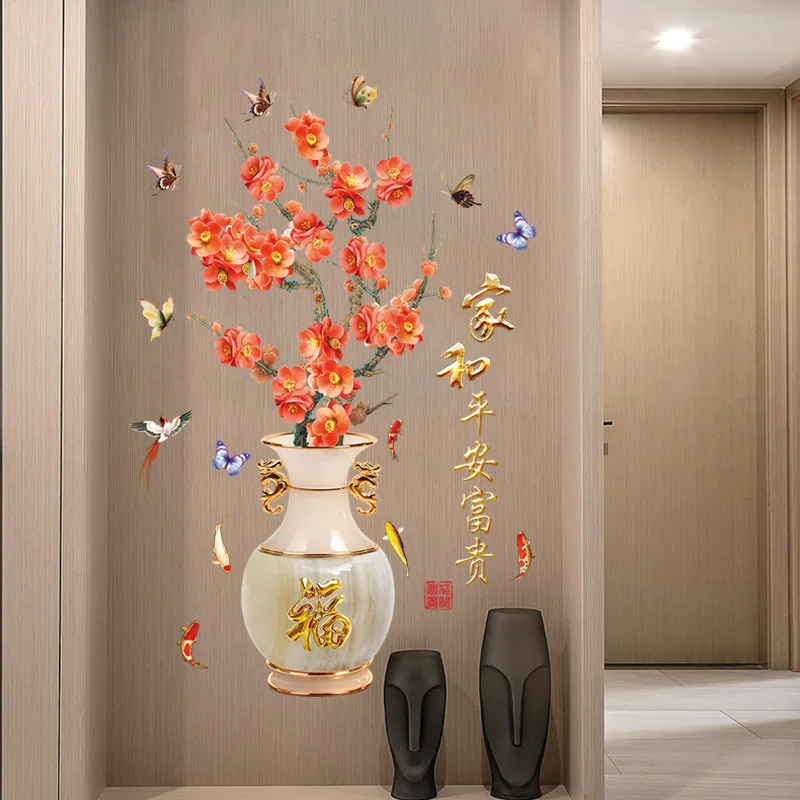 [Fundecor] художественные наклейки на стену в китайском стиле, домашний декор, украшение для гостиной, двери, травы, наклейка, ваза, цветок сливы, узор персонажа