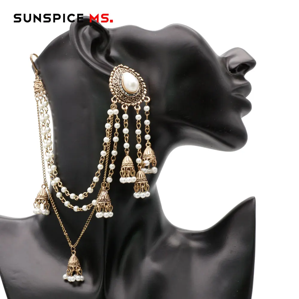 LL095pearl-RIGHT SUNSPICEMS серьги в индийском стиле, звено, головной убор, ювелирное изделие, ручная работа, цепочка из бисера с металлической подвеской, античный золотой цвет, модная свадебная бижутерия - Окраска металла: LL095pearl-RIGHT