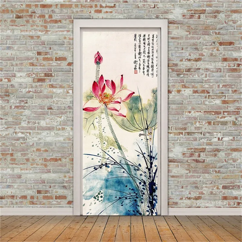 Door Stickers32 3D двери наклейки творческий наклейки на стену лотоса узор двери украшения спальня гостиная фрески плакаты обои - Цвет: Door Stickers32