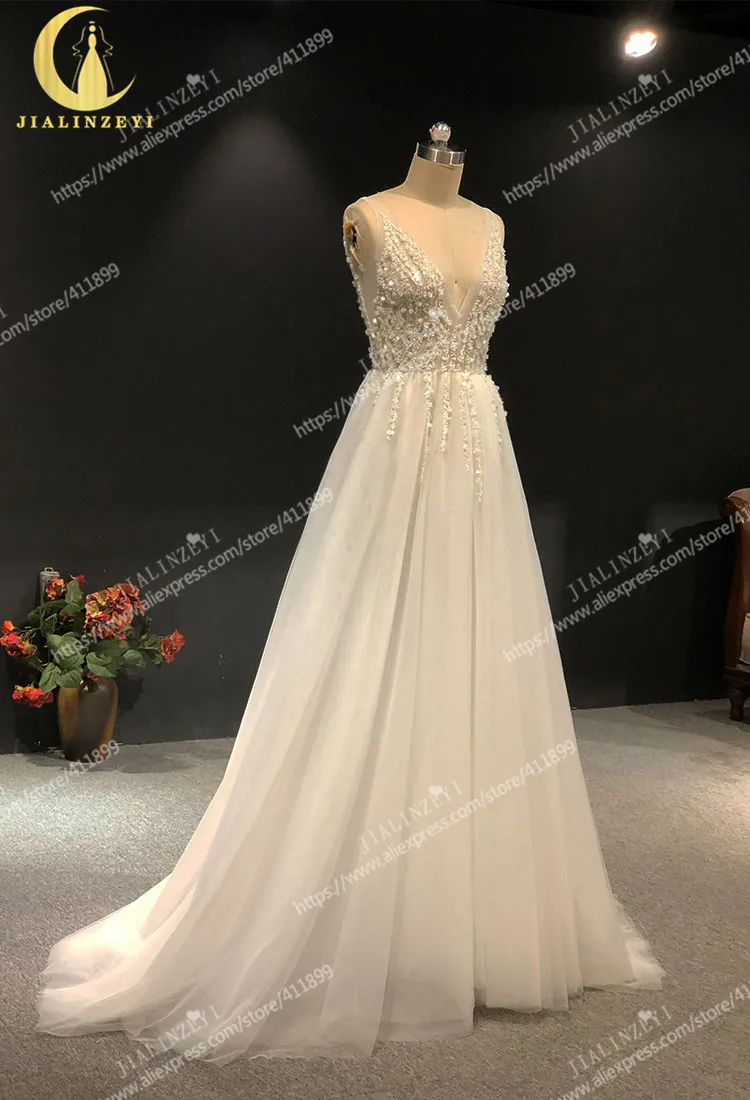 Rhine Sexy Deep V Neck Beads Sequins and Crystal Slit Tulle V back Fashion New Arrival Real Picture Wedding dresses