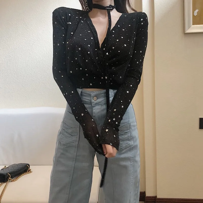 2019 Сексуальная женская блузка сетчатые топы для девушек серые однотонные