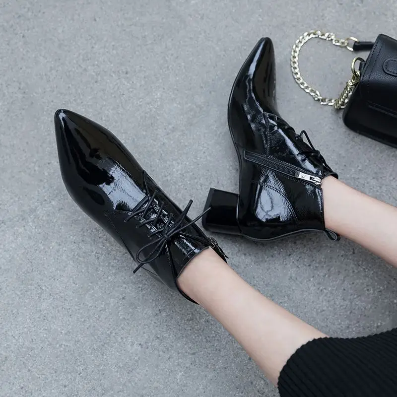 ALLBITEFO fashion retro genuine leather pointed toe high heels women boots ankle boots for women leather boots girls shoes