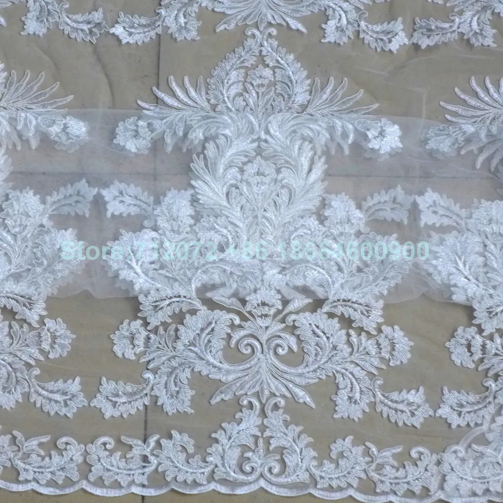 La Belleza pure white large pattern cord lace fabric heavy beaded fabric handmade beading lace gown lace fabric 1 yard
