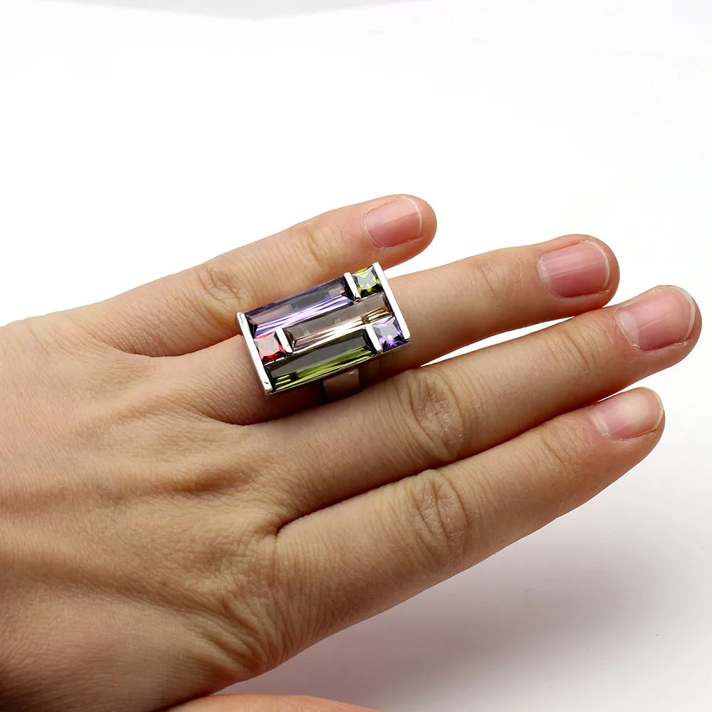 silver plated square ring for women fashion jewelry luxury design with green purple red yellow cz rings | Украшения и аксессуары