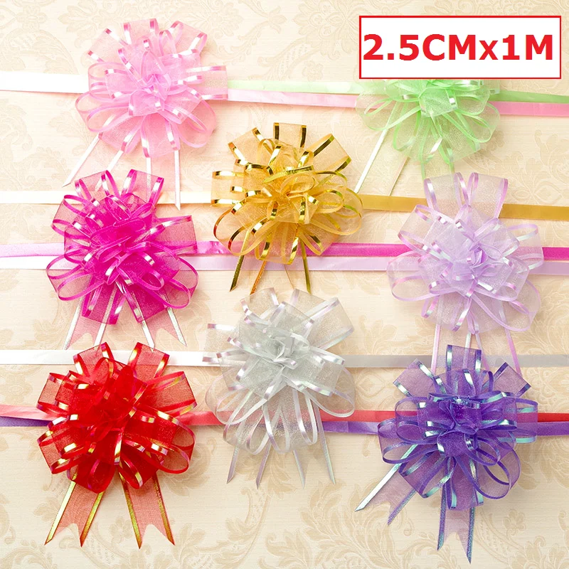 

10pcs 2.5cmX1m Large Ribbon Wedding Supplies Wholesale Snow Yarn Lengthened Hand Pull Flower Gift Packaging Car Handle Decorate