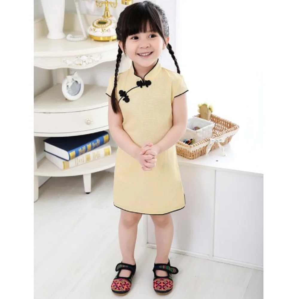 Hooyi Solid Baby Girls Dress Chinese New Year Traditional Qipao Children Chi-pao Kids Cheongsam Linen Girl's Clothes Summer Tops | Детская