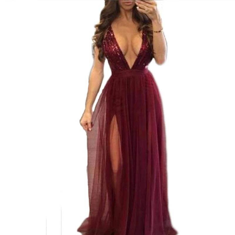 

2017 new summer women party clubwear sleeveless long dress ladies sexy deep v-neck backless split mesh slim long maxi dress