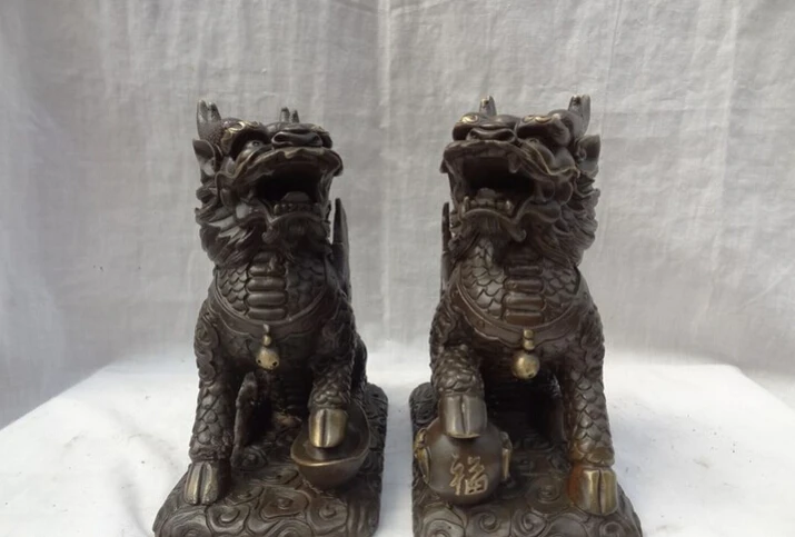 song voge gem S2358 Chinese Pure Bronze Fu YuanBao FengShui BiXie Fly Dragon Kylin Ball Statue Pair