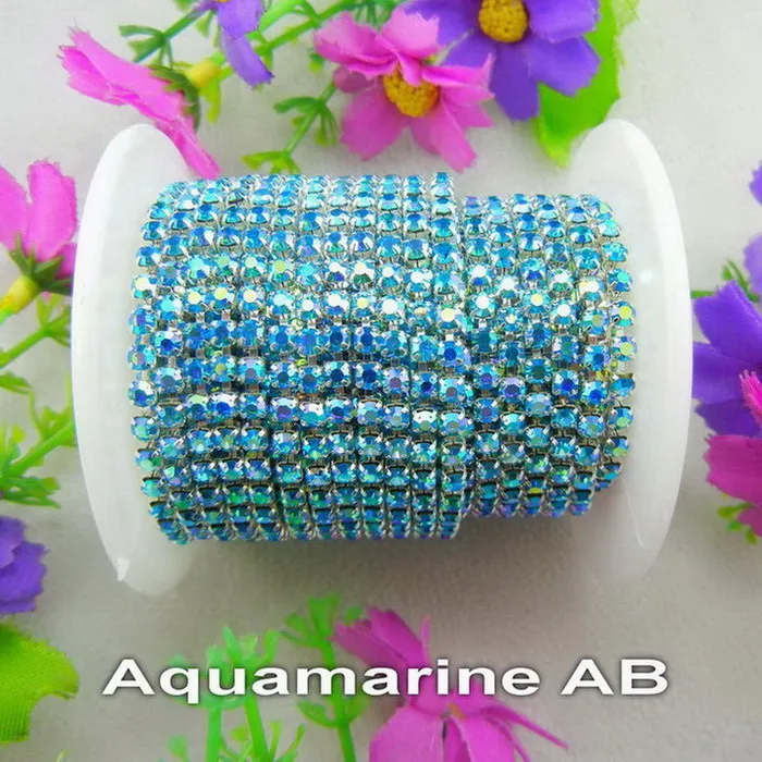A25 Aquamarine AB Серебряная основа коготь 5 ярдов/R высокая плотность ss6 2 мм ss8 2,5 мм ss10 2,8 мм ss12 3 мм SS16 4 мм стразы на цепочке для пришивания клея на отделке - Цвет: A25 Aquamarine AB