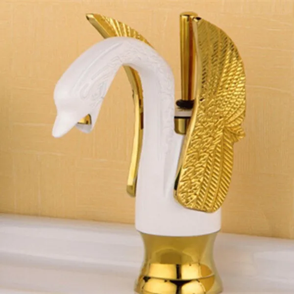 Смеситель для раковины с одной ручкой золотой Лебедь модный латунный кран