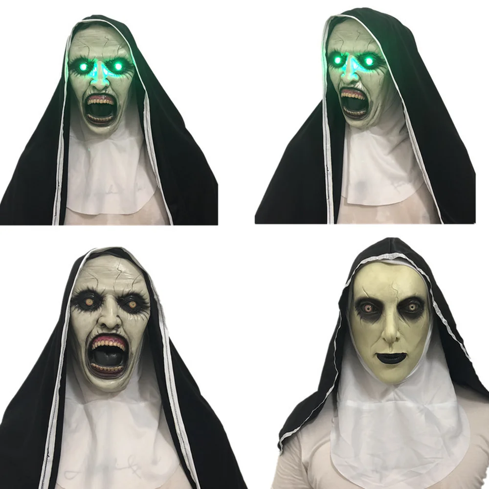 Монахини маска страшная маска с страшный голос с Led светильник Косплэй Valak латексные маски с платок на голову Шлем Хэллоуин вечерние реквизит