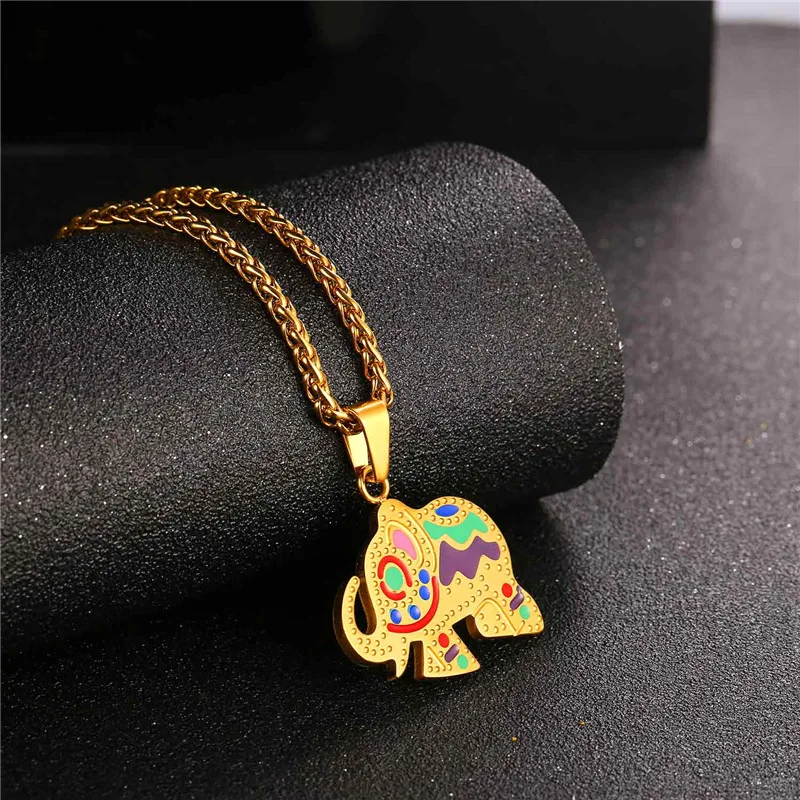 Милый слон ожерелье женщин Шарм кулон золотой цвет нержавеющая сталь красочные