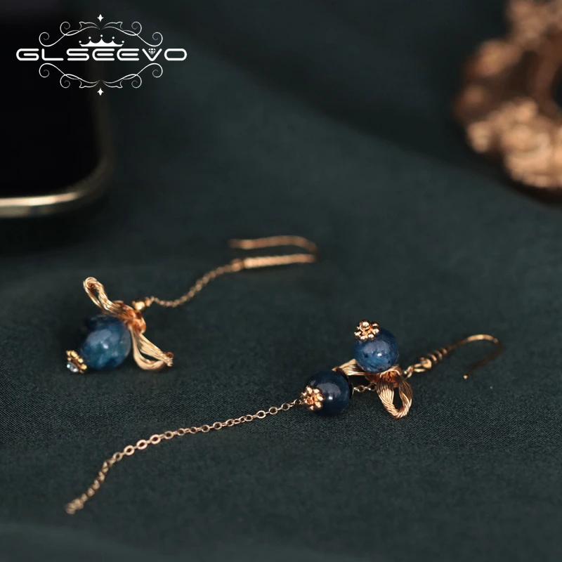 Серьги подвески GLSEEVO из натурального кианита для женщин подарок на день рождения