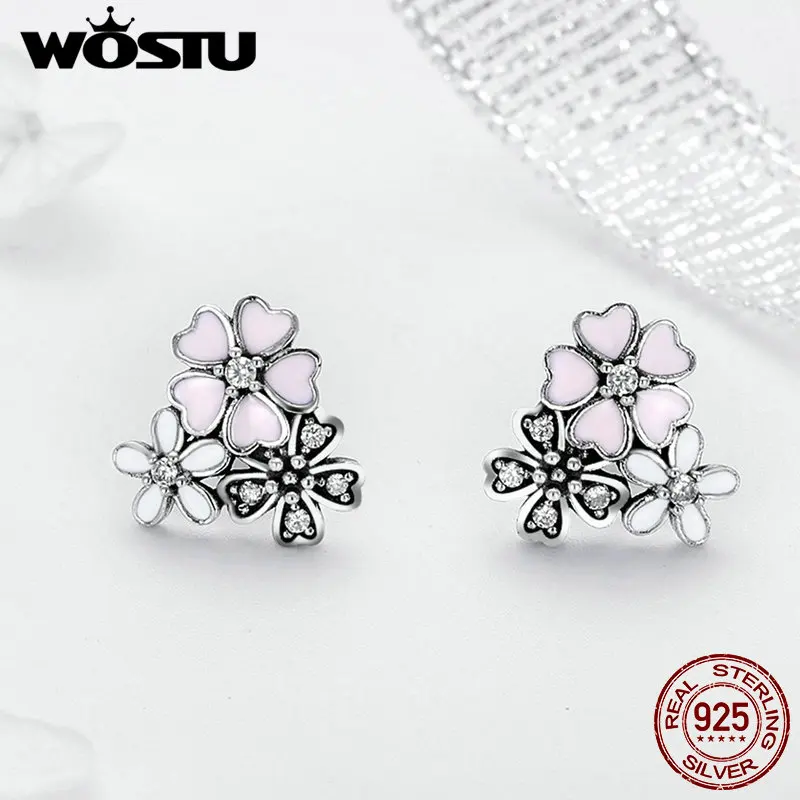 Женские серьги пусеты WOSTU из стерлингового серебра 925 пробы с цветком вишни