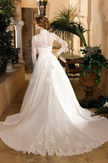 Long Sleeved Lace Elegant Muslim Wedding Dresses Vestidos De Novia 2015 Train Ball Gown High Neck Modest Bridal Gowns | Свадьбы и