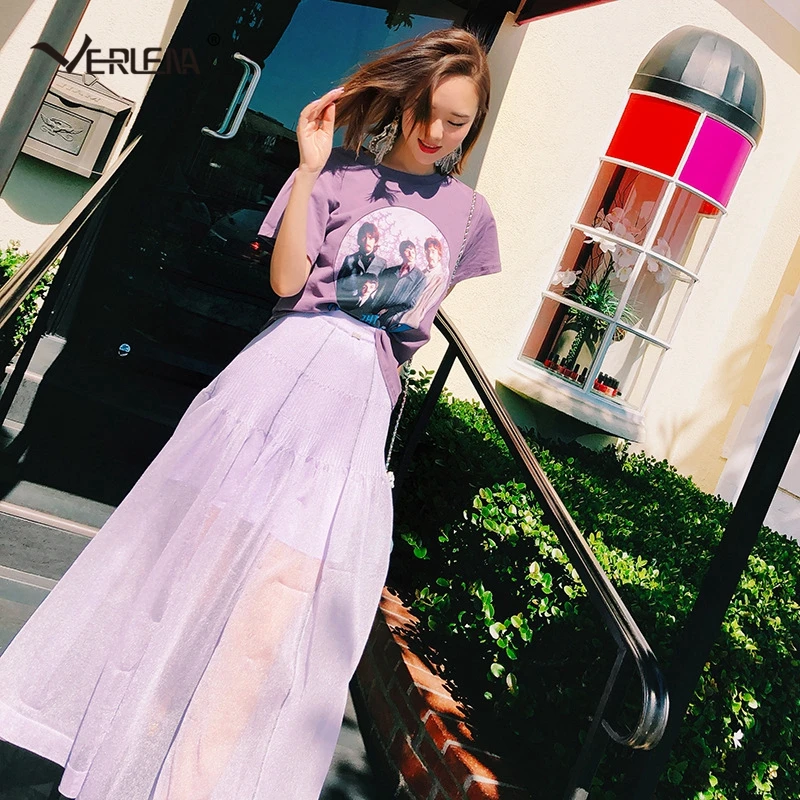 Verlena 2018 Elongate Leg Spring Autumn Long Skirt Women Solid Special Fashion Purple Double Layer Pleated Short Inside Skirts | Женская
