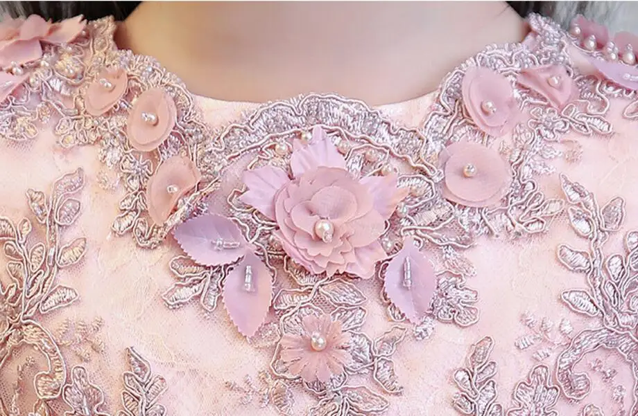 Fancy Short Sleeve Pink Flower Girls Formal Wedding Dresses Kids Bead Appliques Party Princess Birthday Prom Holy Holiday Dress | Детская