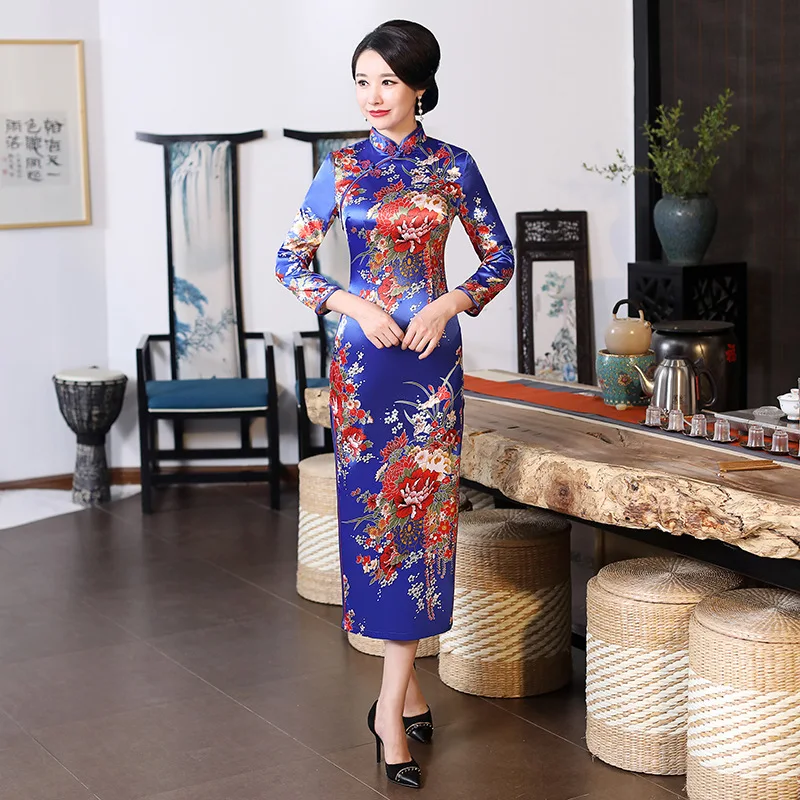 Китайский традиционный Cheongsam Для женщин шелковые Сатиновые платья Макси платье