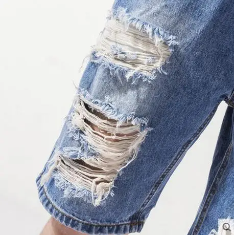 

Personality hole fashion men denim jumpsuit summer disassembly capris set