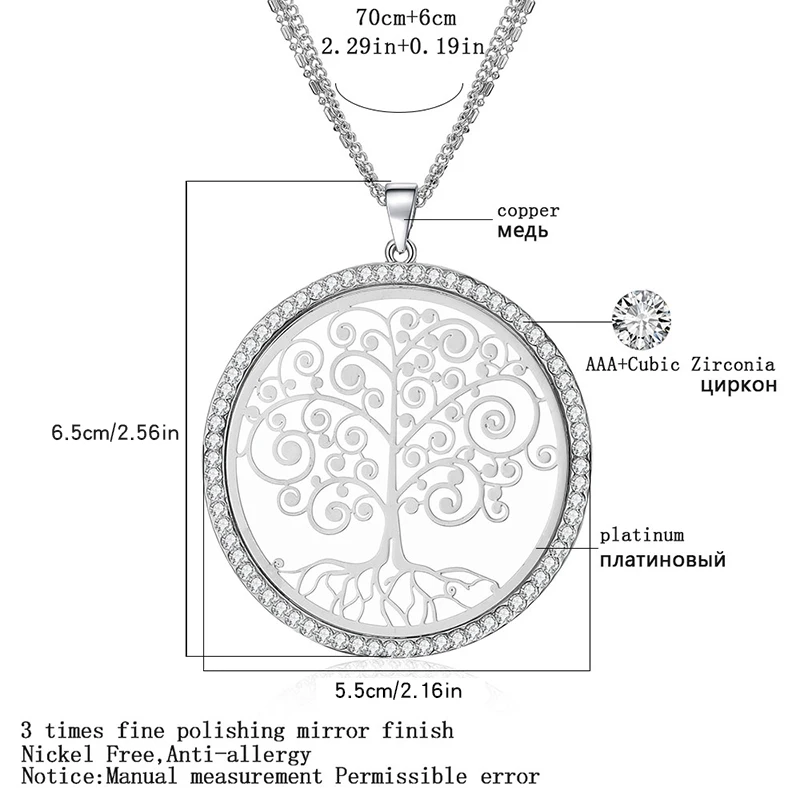 Silvery Tree Of Life Necklaces for Women Long Sweater Chain female Rhinestone Round Pendant Gift 2020 wholesale price | Украшения и