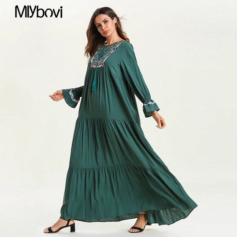 Abayas для женщин большие размеры костюмы 4XL Длинные Зеленые вышивка Макси