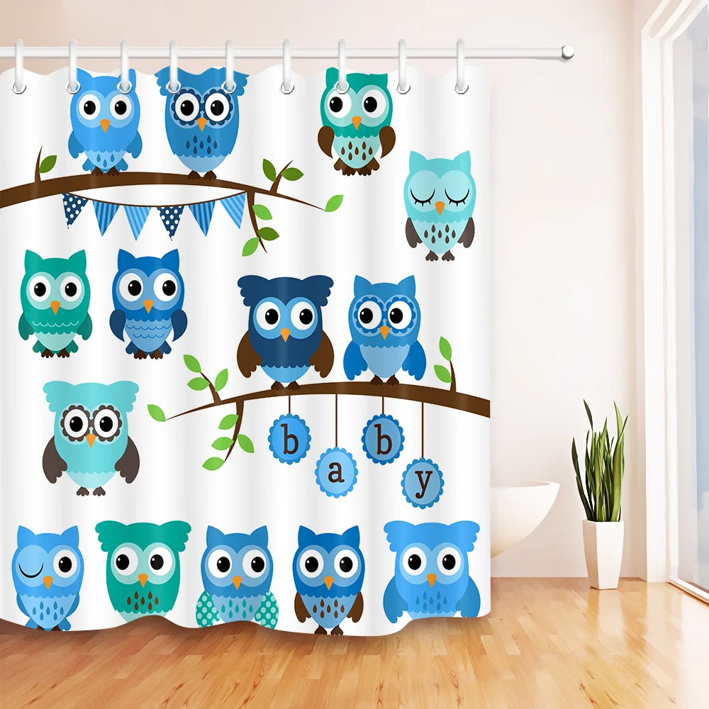 

LB 72''Cartoon Waterproof Light Blue Owl Bird Print Shower Curtain Bathroom Curtains Fabric for Bathtub Home Decor with 12 Hooks