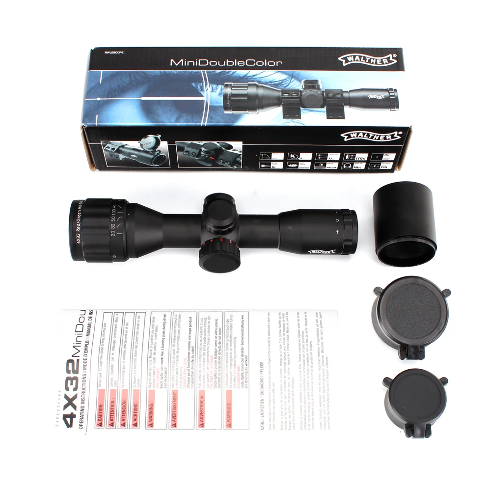 WALTHER 6x32 AO Mini Mil-Dot Double Color Illuminated Reticle Hunting Riflescope Tactical Optical Sight Rifle Scope |