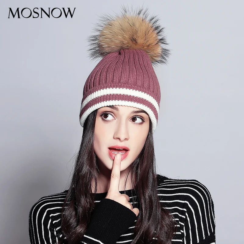 Шерсть Skullies шапочки шить трикотажные Шапки с воротником из натурального меха